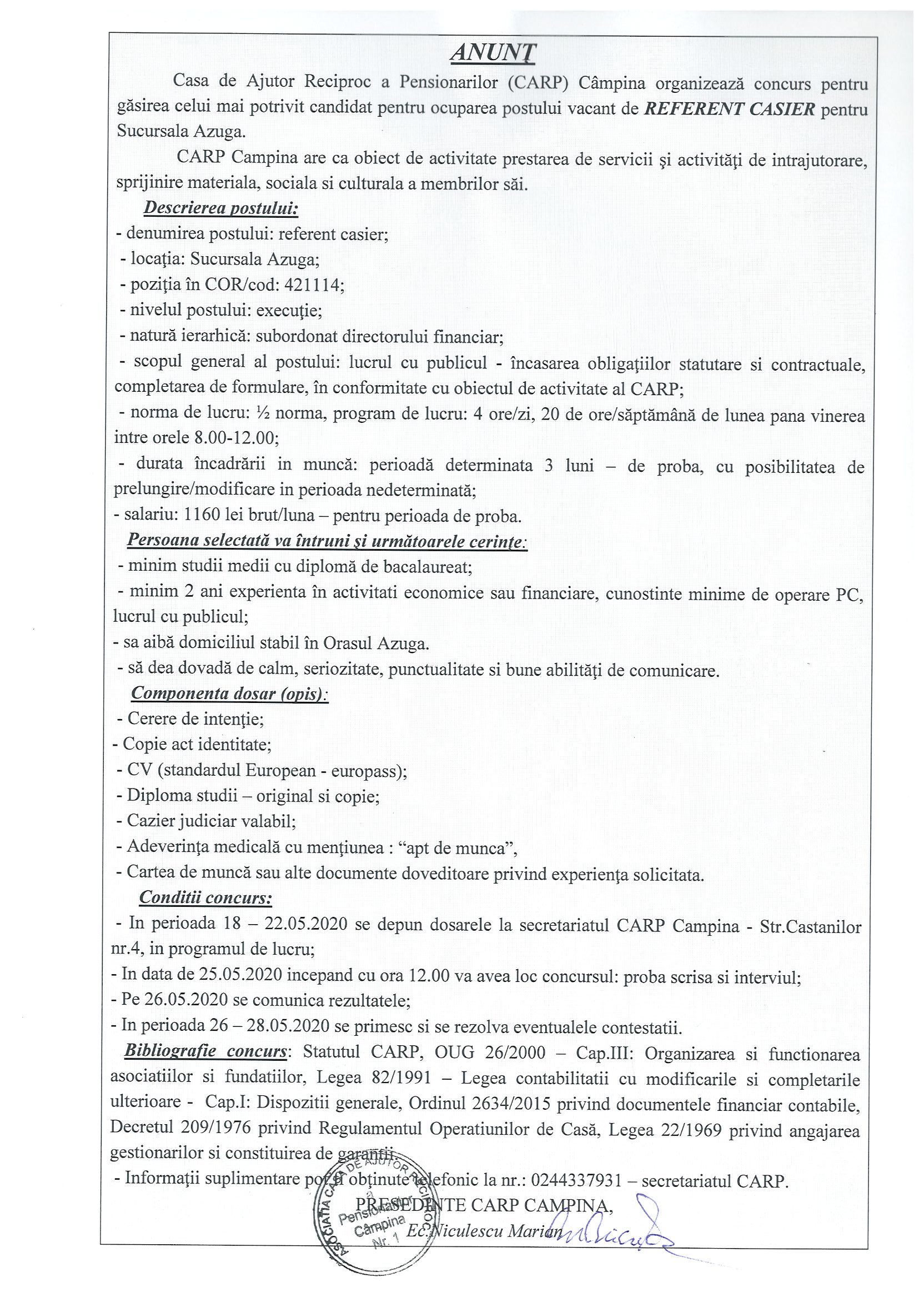 Schedule Masaccio Try out Concurs pentru ocuparea postului vacant de REFERENT CASIER Sucursala Azuga  - CARP Campina